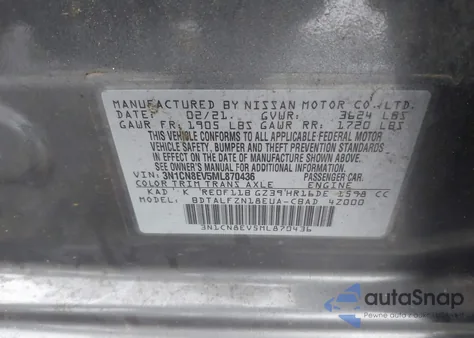 2021 Nissan Versa Sv Xtronic Cvt из США, поврежденный, VIN 3N1CN8EV5ML870436